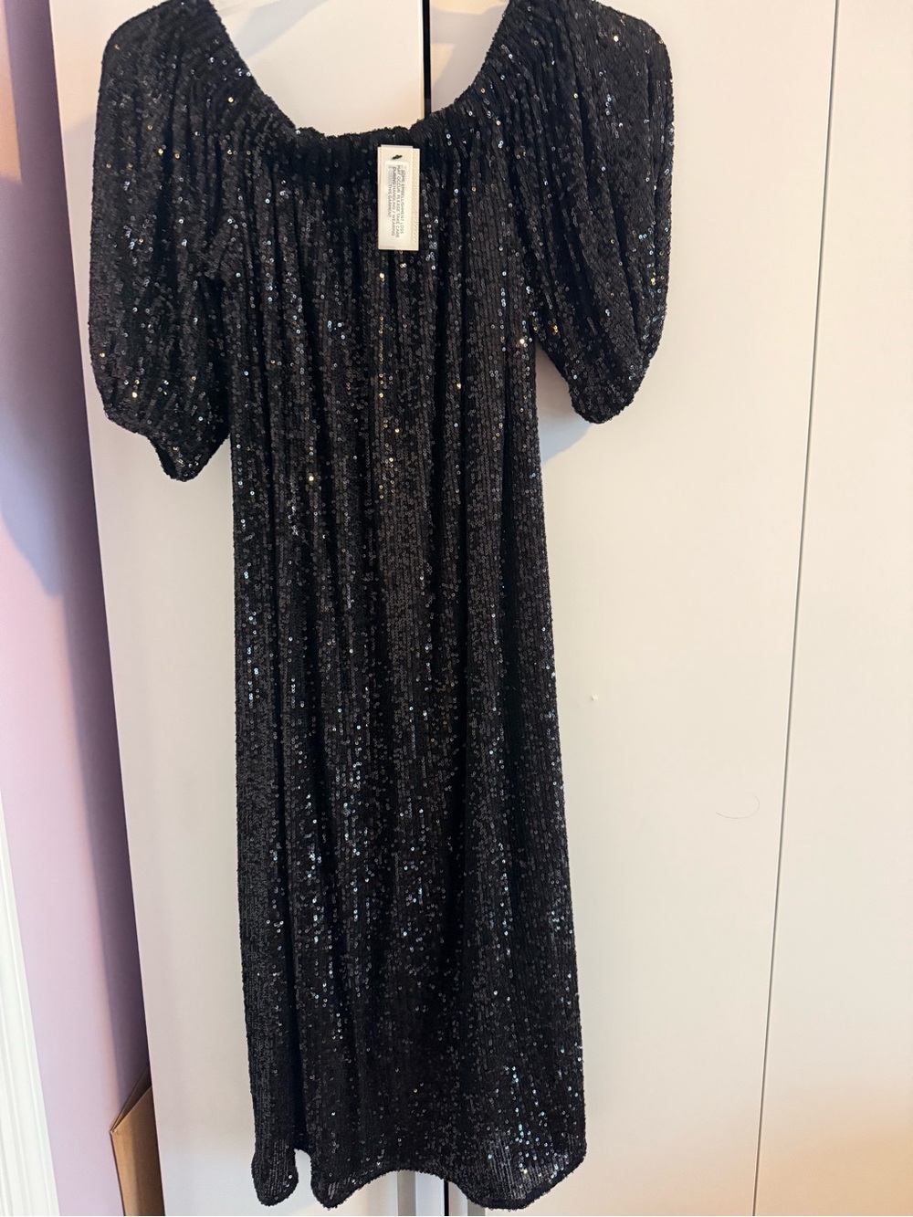 River Island Black Sequin Dress with Puff Sleeves
